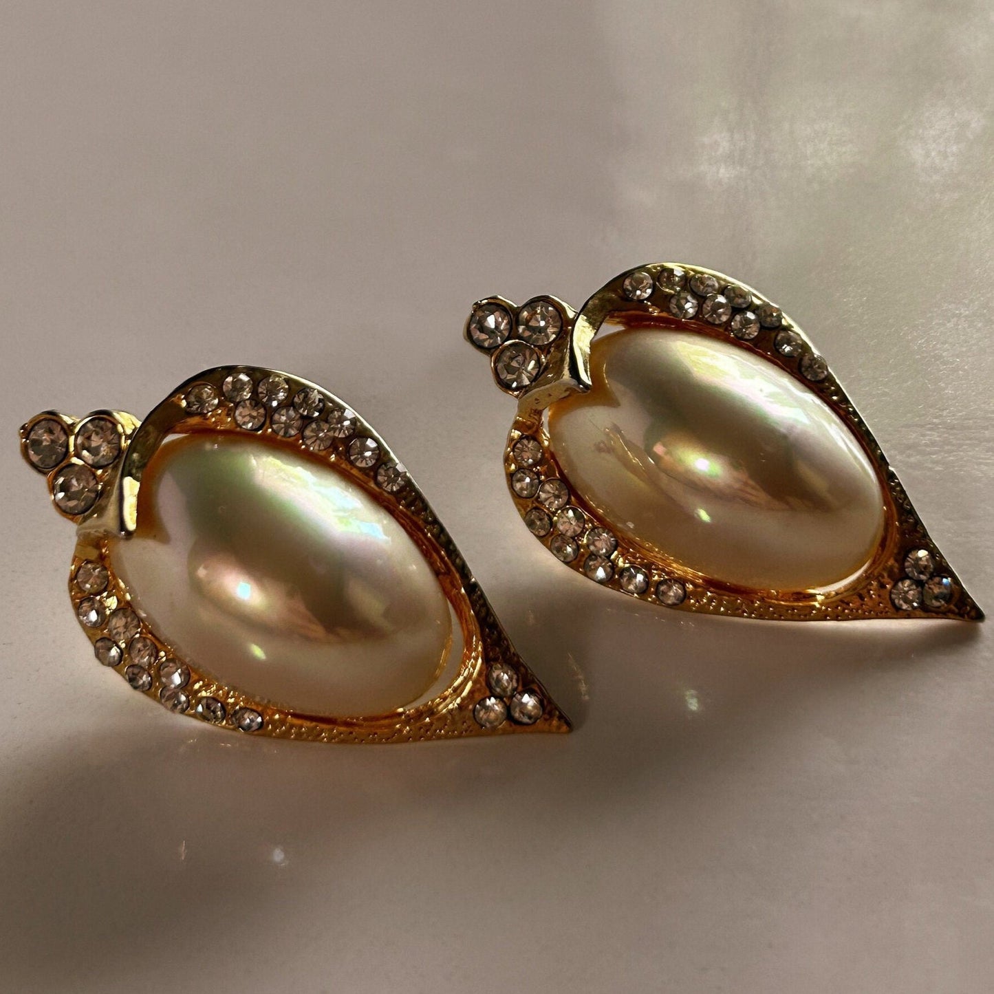 Vintage pair of faux pearl and rhinestone pierced earrings