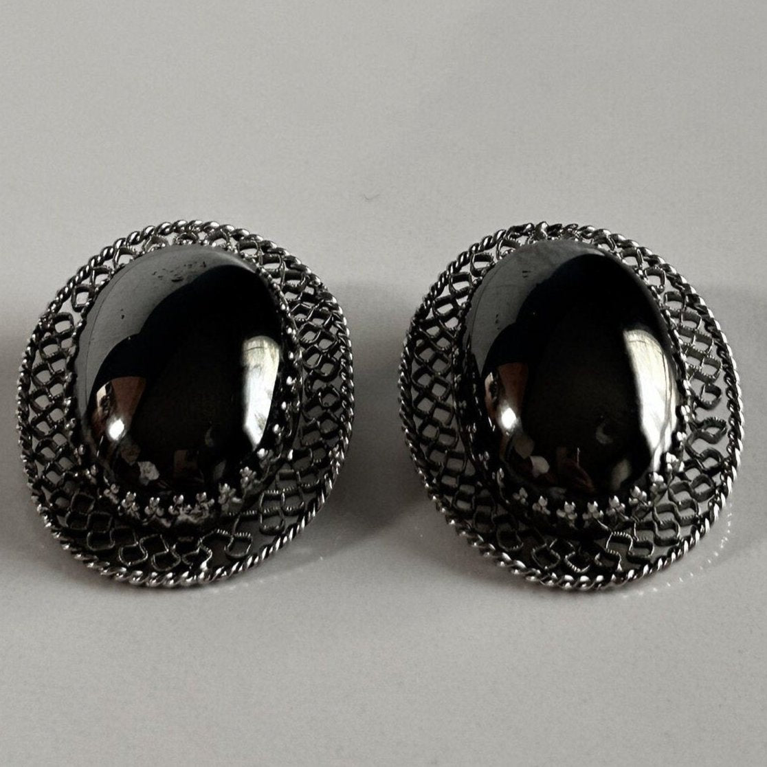 Vintage signed black and silver clip on earrings