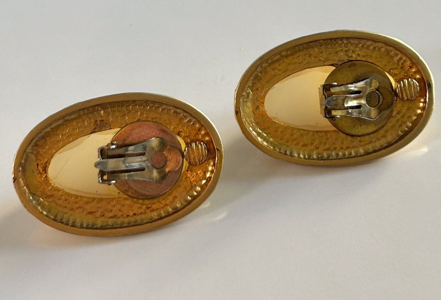 Vintage gold and white oval clip on earrings