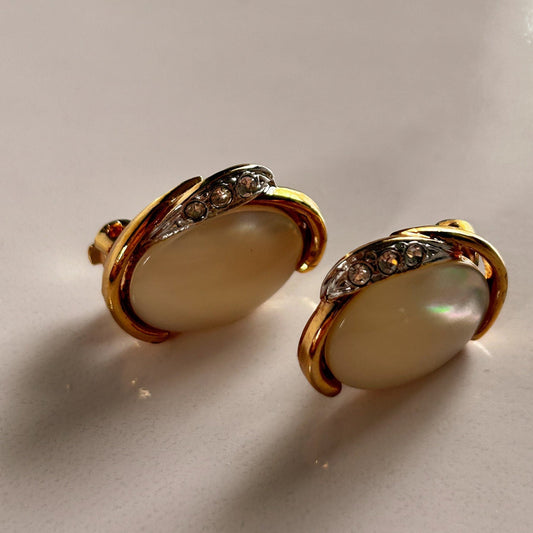 Vintage gold faux pearl and rhinestones clip on earrings