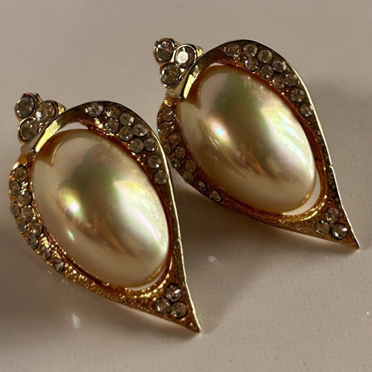 Vintage pair of faux pearl and rhinestone pierced earrings